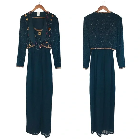 VINTAGE 80s Glam Beaded Sequin Silk Wide Leg Jumpsuit Bolero Jacket Black Size 6